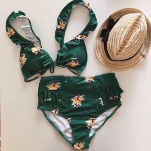Floral ruffle top with high waist bikini set